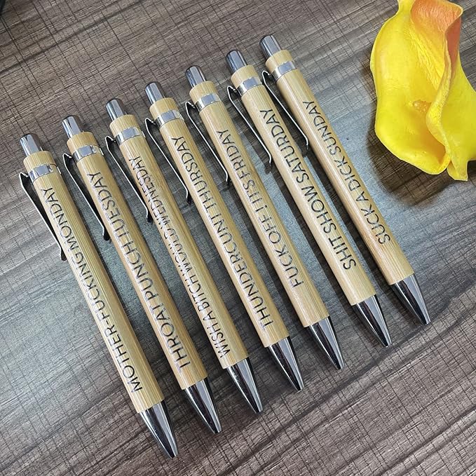 7-Piece Funny Bamboo Pen Set for Sarcastic Souls, Unique Days of The Week Mood Ballpoint Pens with Engraved Humorous Quotes, Excellent Gift for Office, Friends, and Coworkers