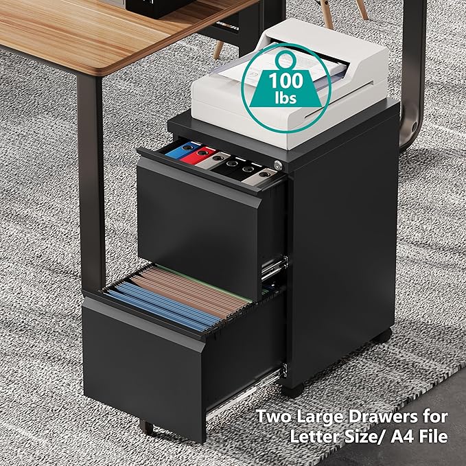 2 Drawer Locking Under Desk Metal Storage Cabinet on Wheels for Legal/Letter/A4 Files (Fully Assembled, Black)