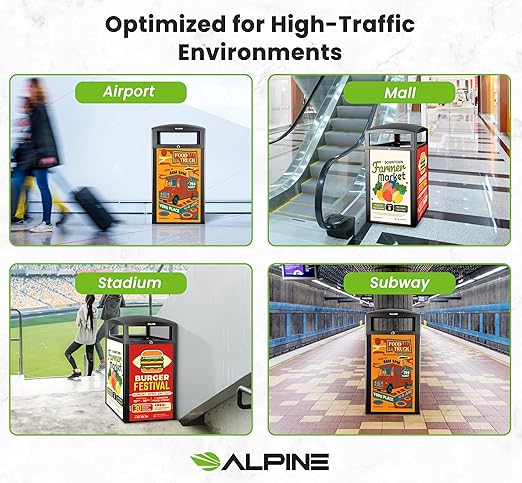 Alpine Outdoor Commercial Trash Can with Lid - 40 Gallon Heavy Duty Metal Garbage Can with Advertising Panels, Removable Bin, Locking Lid for a Modern Look in Pool, Park, Mall (Grey Stones)