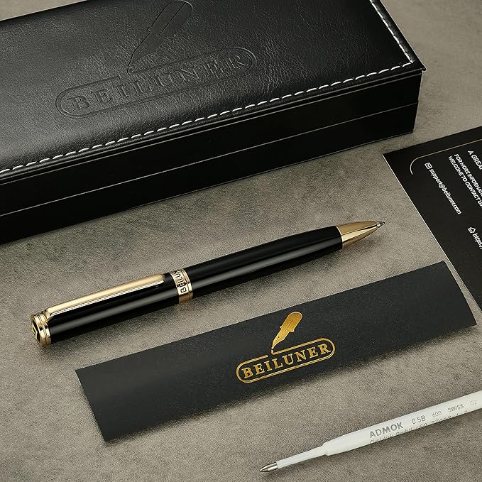 BEILUNER Luxury Gel Pen with 24K Gold Finish, Black Piano Lacquer, Luxury Grade Craftsmanship, Best Pen Gift Set for Men and Women, Professional, Executive, Office, Retractable Nice Pens