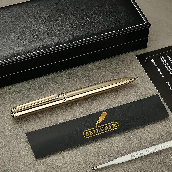 BEILUNER Gold Gel Pen, Stunning Luxury Pens with 24K Gold Plating, Black Ink Refill, Executive Gift Set for Family & Friends, Writing, Fancy, Office, Retractable, Graduation Gifts, Nice Designer Pens