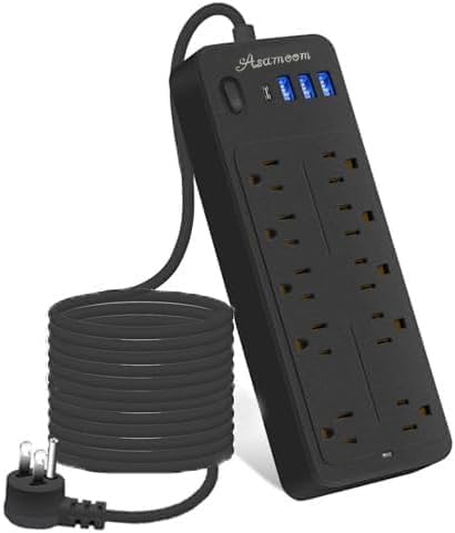 25 FT Power Strips with Surge Protection 1625W/13A,10 Outlets with 4 USB Ports (1 USB C) Long Extension Cord with Multiple Outlets 14-in-1 1700J 16Awg Flat Plug Power Strip Protector Black ETL Listed