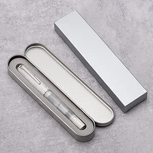 Hongdian N8 White Acrylic Resin Fountain Pen, Long Blade Fine Nib Silver Plated Feather Carving Cap Smooth Writing Pen with Converter and Metal Pen Box Set