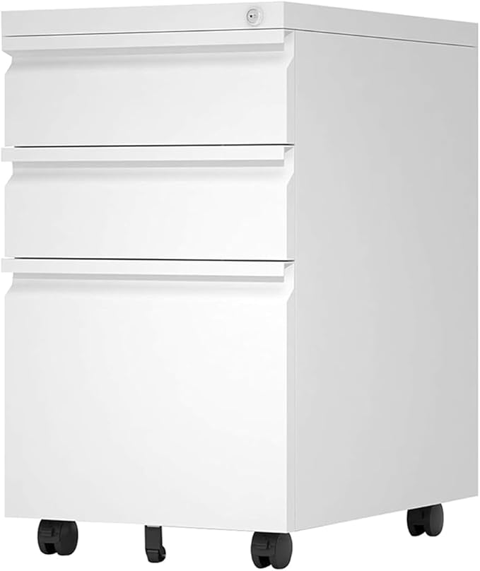 Aobabo 3 Drawer File Cabinet with Lock,Metal Filing Cabinet with Wheels for Home Office & Business Enterprise, Legal/Letter Size, Fully Assembled Except Wheels, White