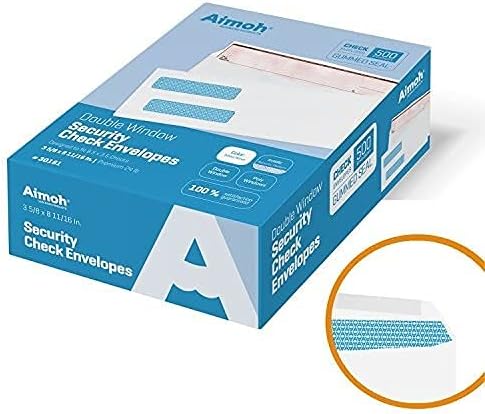 Aimoh 500#8 Double Window Gummed Security Envelopes - for Business Checks, QuickBooks & Quicken Checks, Size 3 5/8 x 8 11/16 Inches - Checks Fit Perfectly - Not for Invoices, 500 Count (30181)