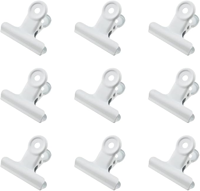 HAHIYO 2.5inch White Bulldog Clips Metal File Hinge Binder Clips Clamps Save Space Strong Spring Jaws Rock Solid Grip Book Lay Flat Deburred Edge for Hang Photos Wall Grid Dog Food 9PCS