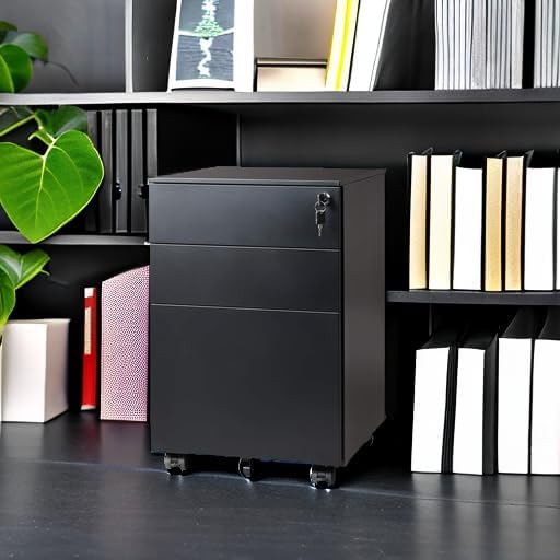 DEVAISE Locking File Cabinet, 3 Drawer Rolling Pedestal Under Desk Office, Fully Assembled Except Casters, Black