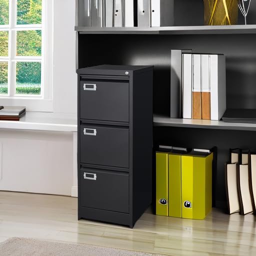 3 Drawer File Cabinet with Lock Metal Vertical File Cabinet Office Home Narrow File Cabinet for A4 Legal/Letter Size,Assembly Required (Black, 3 Drawers-Vertical)