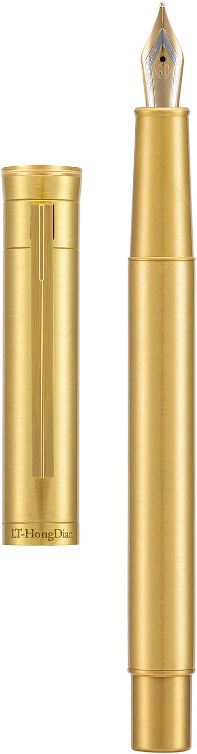Hongdian Raw Brass Fountain Pen Extra Fine Nib Classic Design Smooth Writing Copper Pen with Converter and Pen Case Set