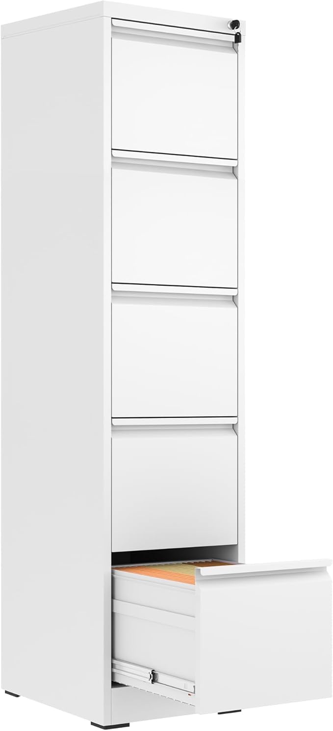5 Drawer File Cabinet with Lock,Metal Vertical Filing Cabinets for Home Office,Heavy Duty File Storage Cabinet for Letter/Legal/A4/F4 Size File,Assembly Require (White, Vertical 5 Drawer)