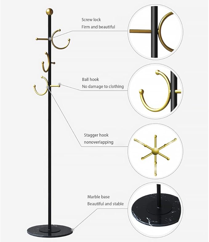 BUZUYE Modern Coat rack with marble base,Coat rack freestanding heavy duty with gold hooks,Entryway coat rack stand Coat Tree freestanding coat hanger stand for Hanging Clothes, Hats, Bags