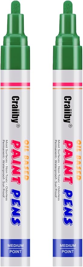 Green Paint Markers, 2 Pack Oil-Based Waterproof Quick Dry Permanent Paint Pen Set for Rocks Painting, Wood, Fabric, Plastic, Canvas, Glass, Mugs, Metal, Tire, Stone, DIY Craft