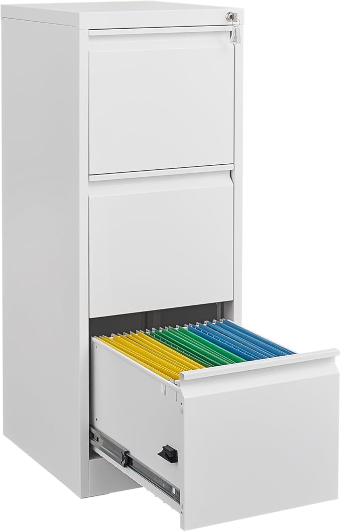 3 Drawer File Cabinet with Lock, Vertical File Cabinets for Home Office, Metal Filing Cabinets, Heavy Duty Steel Lockable Filing Storage Cabinet for Letter/Legal/A4/F4 Size Files, White