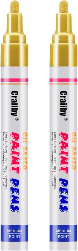 Gold Paint Markers, 2 Pack Oil-Based Waterproof Quick Dry Permanent Paint Pen Set for Rocks Painting, Wood, Fabric, Plastic, Canvas, Glass, Mugs, Metal, Tire, Stone, DIY Craft