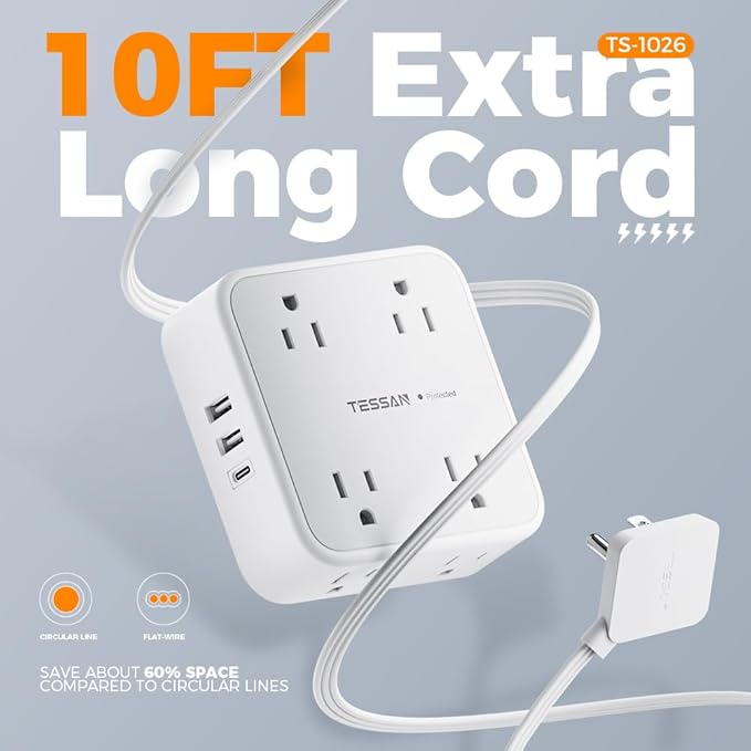 Extension Cord with Multiple Outlets, TESSAN 10 FT Surge Protector Power Strip Flat Plug, 8 AC Outlets, 900J 3 USB Ports (1 USB C), Desk Charging Station with Protection for Home, Office, Dorm Room
