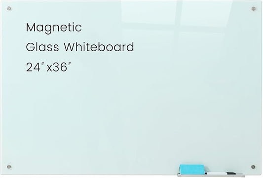 Glass Magnetic White Board - 36 x24 Inches Frameless Dry Erase Glass Whiteboard for Wall, Writing Board for Office, Classroom, Home and Presentation