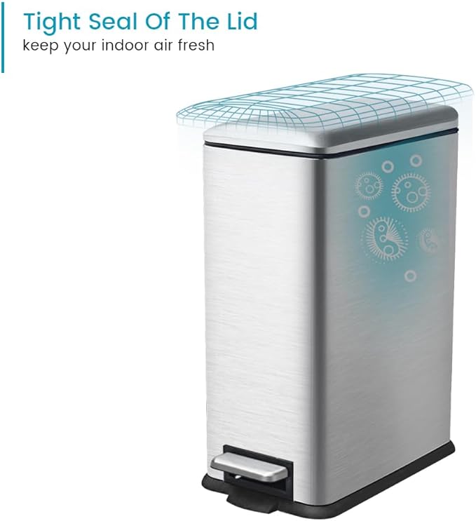 16.7L/ 4.4 Gallon Rectangular Slim Kitchen Trash Can with Removable Inner Bucket, Soft Close lid, Stainless Steel Step Pedal Garbage Can for Bathroom, Kitchen, Home Office, Brushed Silver