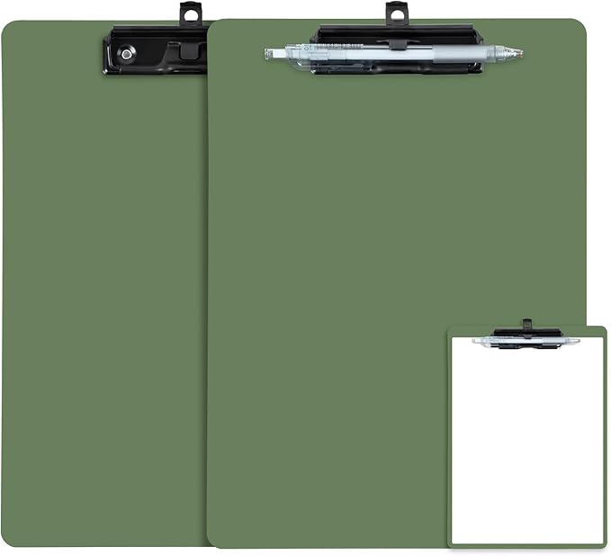 Clipboard with Pen Holder, 2 Pack Plastic Clipboard with Low Profile Metal Clip, Hanging Clip Boards Holds 8.5x11 Inch Papers, Standard A4 Letter Size Clip Boards for Offices & School, Green