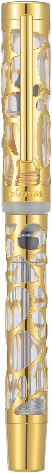 Asvine V169 Vacuum Filling Fountain Pen Extra Fine Nib, Water Drop Skeleton Overlay Gold Trim Transparent Clear Acrylic Pen Case Set