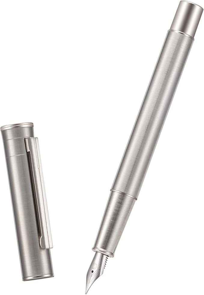Hongdian 1861 Stainless Steel Fountain Pen Fine Nib, Classic Design Smooth Writing Pen with Converter and Metal Pen Case Set