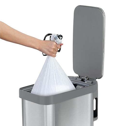 Glad Slim Trash Can with Clorox Odor Protection - Narrow Kitchen Garbage Bin with Soft Close Lid, Step On Foot Pedal and Waste Bag Roll Holder, All Stainless, 45 Liter