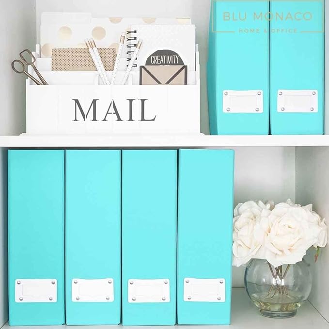 BLU MONACO Set of 6 Foldable Aqua Magazine File Holders with White Leather Label Holders – Cute Book Organizers for Desk, Classroom, Shelves, and Home Office