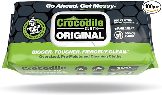 Crocodile Cloth Original Cleaning Wipes – 100 (15” x 10”) Hand & Tool Industrial Cleaning Wipes – Large Multi-Surface Cleaning Cloths, Water-Based Solution with Extreme Cleaning Power — Safe on Skin
