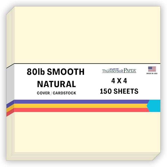 150 Natural Smooth Card Stock Sheets Paper - 4 X 4 Inches Small Square Card Size - 80# (80 lb/Pound) Cover Weight - Quality Paper - Smooth Finish