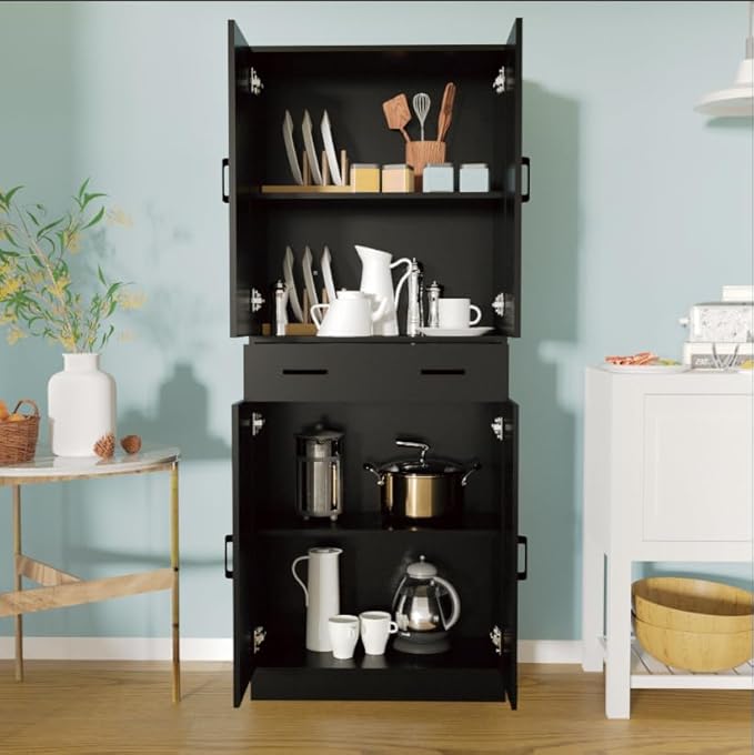 Black Kitchen Pantry, 71" Tall Storage Cabinet with Doors and Drawer for Kitchen, Hallway, Office