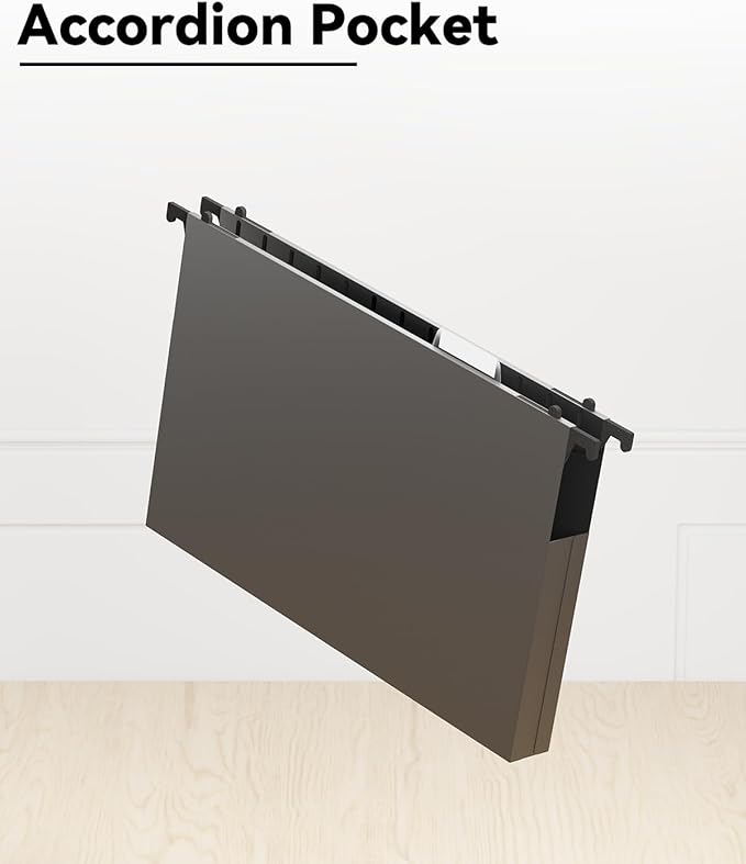 Ansook Plastic Legal Hanging File Folders,1”Expanding Accordian Pocket,Heavy Duty for Filing Cabinet,Insertable Tabs,Black Legal Size Hanging Folders,Hard and Durable Hang Folders,Black,12 Pack