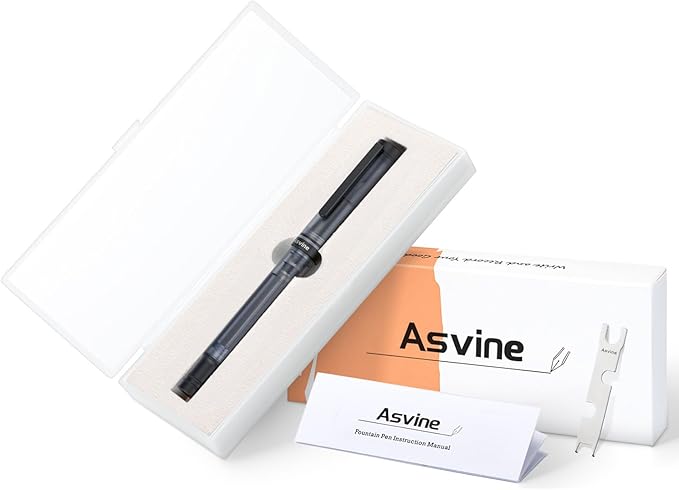 Asvine V200 Titanium Fountain Pen Vacuum Filling, Matte Black Medium Nib Clear Demonstrator Acrylic with Pen Case and Wrench