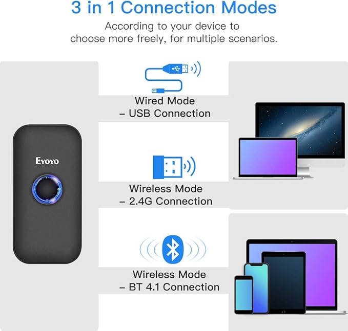 Eyoyo Wireless 1D CCD Barcode Scanner Bluetooth, 2.4G Wireless & Wired 3-in-1 Bar Code Scanner Portable USB 1D ISBN Book Reader, Compatible with Tablet iPhone iPad Android Windows Mac OS