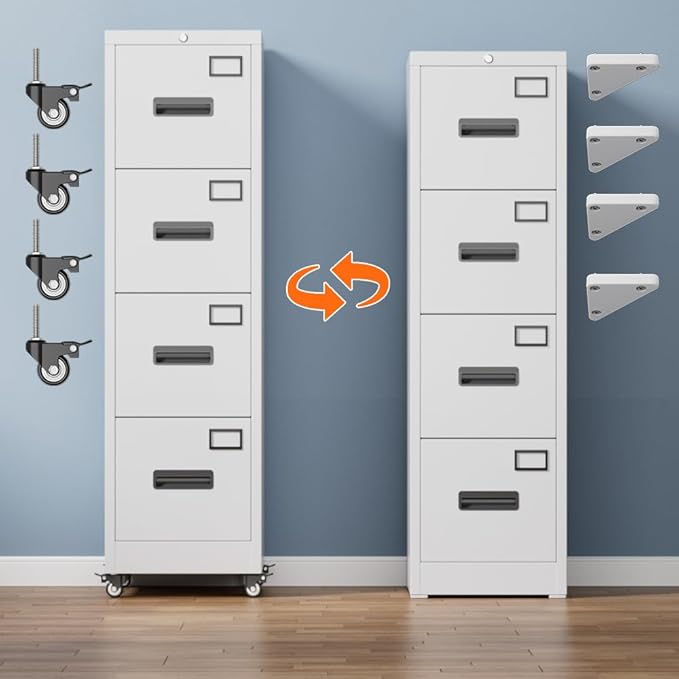 Aobabo 56" H 4 Drawer Moblie Office File Cabinet with Lock, Rolling Metal Filing Storage Cabinet, Legal/Letter A4 Size, White, Assembly Required