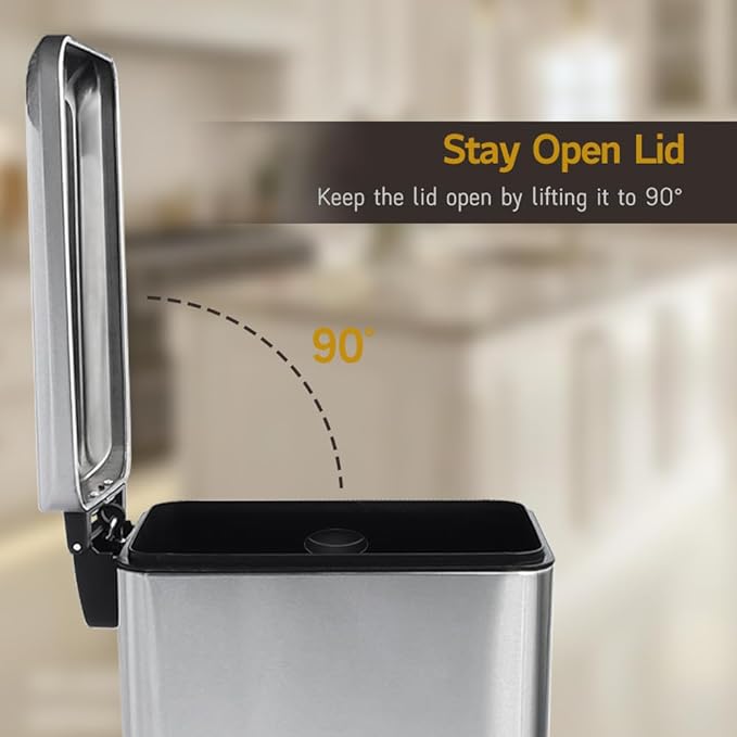 Bathroom Trash Can, 10 Liter / 2.6 Gallon Stainless Steel Garbage Can with Removable Inner Bucket, Soft Close Lid Step Trash Bin for Bedroom, Office, Kitchen, Brushed Silver