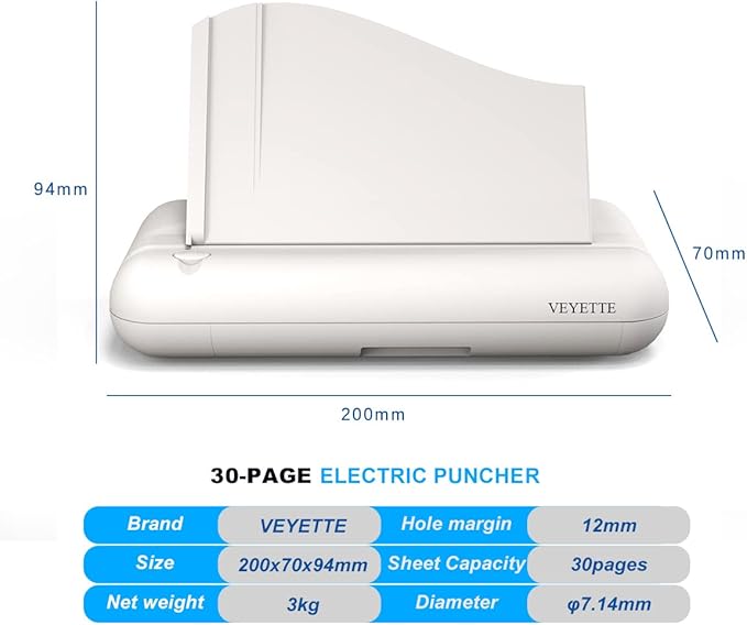 Electric 3 Hole Paper Punch, VEYETTE Heavy Duty Commercial Hole Puncher with Adapter for Office School Studio, 30 Sheet Capacity,Color Gray