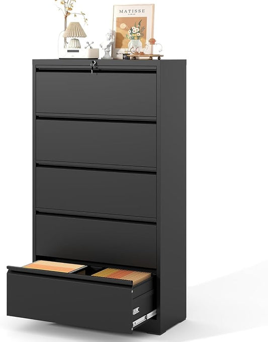 5 Drawer Lateral File Cabinet with Lock, Black Metal Lateral Filing Cabinet for Home Office, Steel Wide Filing Cabinets for Letter/Legal/A4/F4 Hanging File Folders (Black)