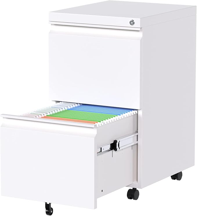 Aobabo 2 Drawer File Cabinet with Lock,Metal Filing Cabinet with Wheels for Home Office & Business Enterprise, Legal/Letter Size, Fully Assembled Except Wheels, White