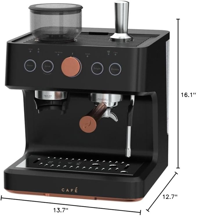 Café Bellissimo Semi Automatic Espresso Machine + Milk Frother | WiFi Connected| Built-In Bean Grinder, 15-Bar Pump & 95-Ounce Water Reservoir | Matte Black, C7CESAS3RD3