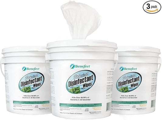 Benefect Botanical Disinfectant Wipes – 750 Sanitizing Wipes. 3 Pack of 250 Wipes Per Unit - High Traffic - Gym Wipes, Schools and Food Safe Cleaning (250, 3)