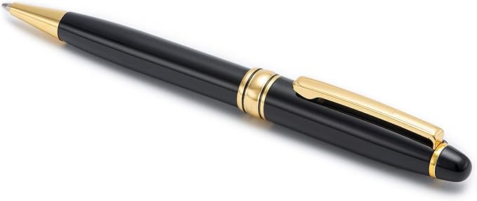 5 PCS Black Ballpoint Pens with Extra Refills Set, 1mm Medium Point Black Ink, Great Smooth Writing Metal Pen for Business Office Teacher Student Wedding Guest Gift (Gold Trim)