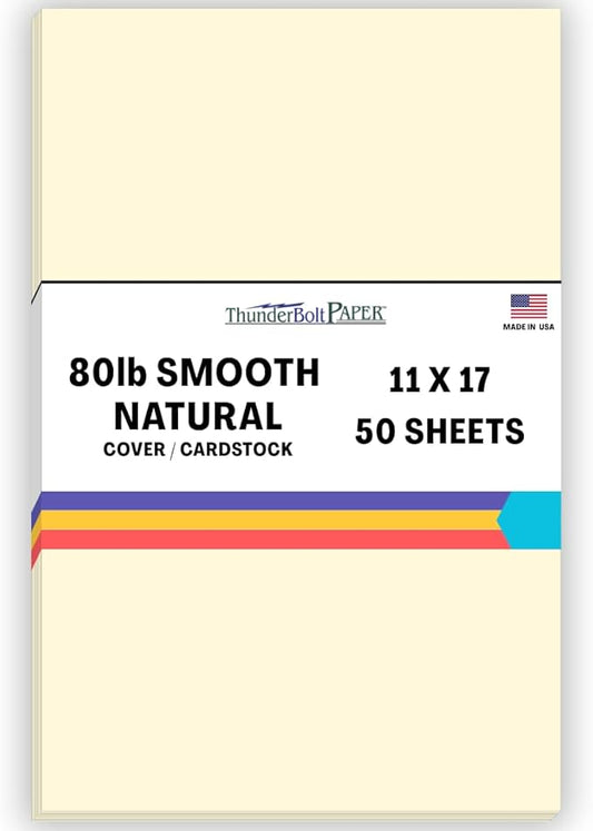 50 Natural Smooth Card Stock Sheets Paper - 11 X 17 Inches Tabloid|Ledger|Booklet Size - 80# (80 lb/pound) Cover Weight - Quality Paper - Smooth Finish