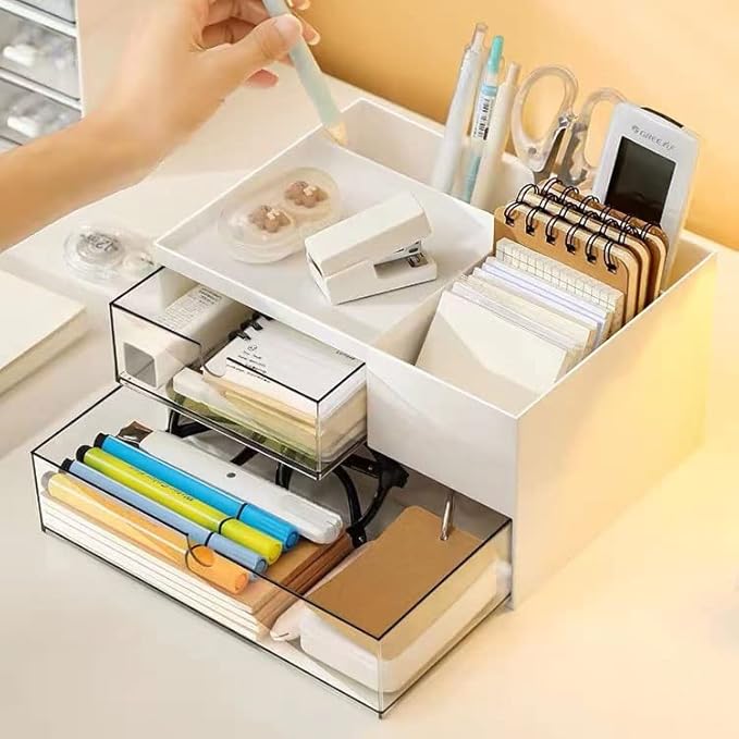 Desk Drawer Organizer, Desk Storage Box with 2 Drawers and 4 Compartments, Multifunctional Desk Accessories & Countertop Organizers for Office School Home (White