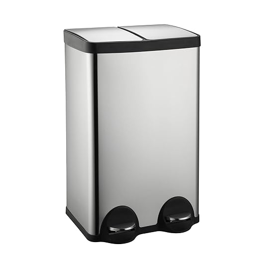 Dual Trash Can, 60 Liter/16 Gallon Dual Bin Trash Can with Lids, Kitchen Trash Can Dual Compartments, Trash and Recycling Bin Combo, Hands-Free Stainless Steel Kitchen Trash Can