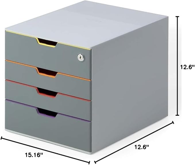 Durable VARICOLOR 4 Lockable Drawer Unit - Gray Desktop Filing Drawer Set with 4 Color Coded Draws - Letter Size Files - Top Draw is Lockable - Perfect for Storing Documents and Paper Work