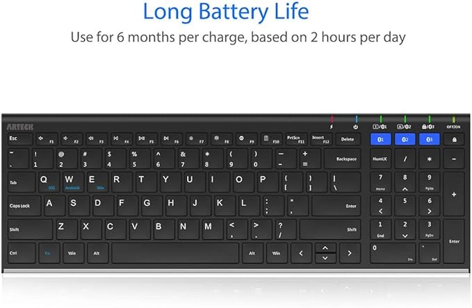 Arteck HB193 Universal Bluetooth Keyboard Multi-Device Stainless Steel Full Size Wireless Keyboard for Windows, iOS, Android, Computer Desktop Laptop Surface Tablet Smartphone Rechargeable Battery