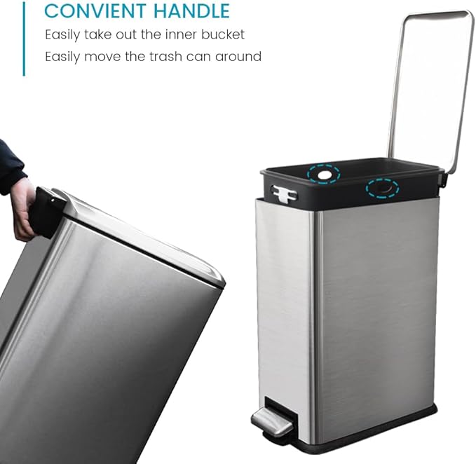 12 Gallon Slim Kitchen Trash Can, Metal Trash Can with Removal Inner Bucket and Soft-Close Lid, Foot Pedal, Stainless Steel Garbage Can 45 Liter, Silver