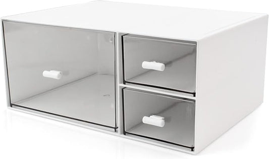 Desk Organizer Stackable Storage Drawers with 3 Compartments Stackable Drawers Great for Desk Storage, Makeup Storage Bathroom Organization Accessories Etc (White)