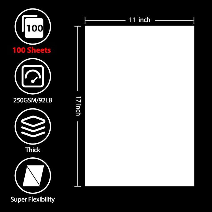 100 Sheets White Cardstock 11” x 17”, 92lb/250gsm Card Stock, Thick Card Stock Paper, Heavy Cardstock Paper for Printer, Resume, Scrapbooks, Art, Crafts, Business Cards