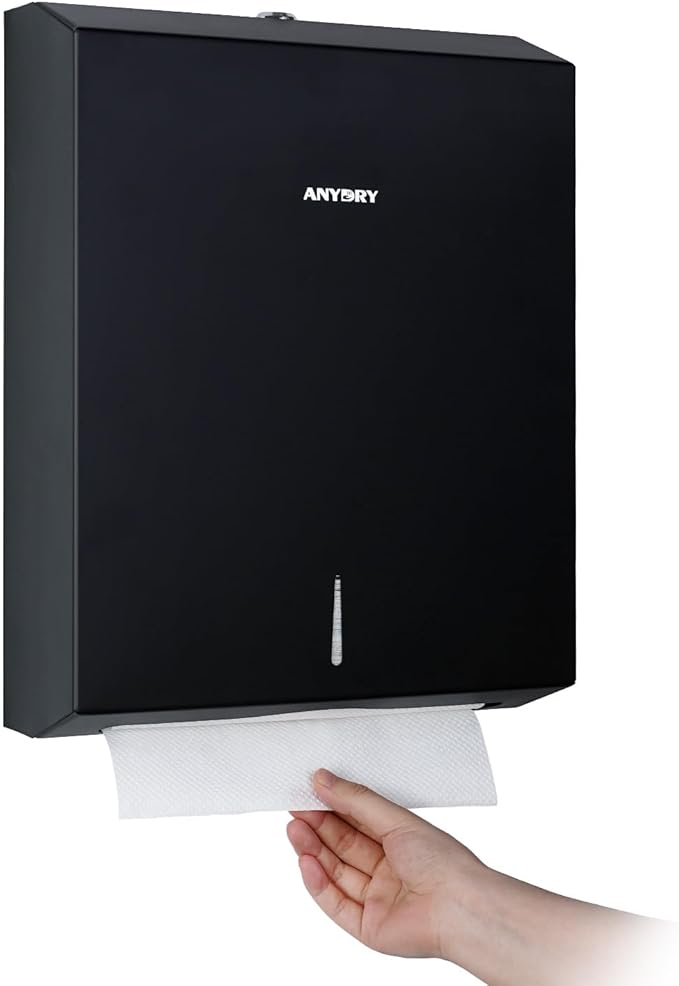 Commercial Paper Towel Dispenser Wall Mount 400-Sheet Capacity Matte Black Stainless Steel Lockable Fits Multifold/Z-Fold Towels (Folded Size ≤ 10.6" x 3.9")
