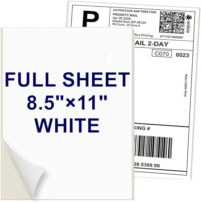 8.5" x 11" Shipping Labels Full Sheet Labels, Self Adhesive Printable White Sticker Paper for Laser & Ink Jet Printers (500 Labels)